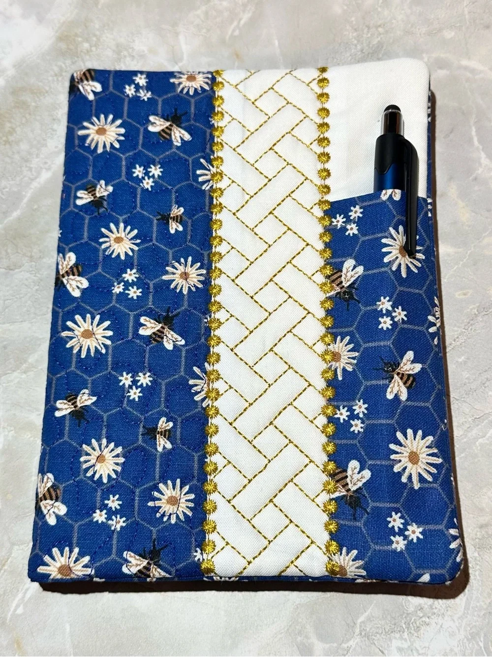 Blue Bee & Flowered Quilted Notebook Cover and Zipper Pouch Set